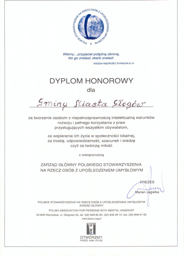 Dyplom Honorowy dla Gminy Miasta Głogów